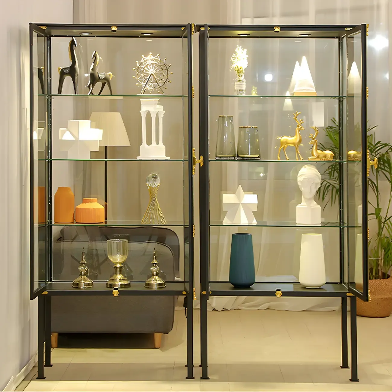 Elegant Black Metal Display Cabinet with Shelves for Dining Room Image - 7