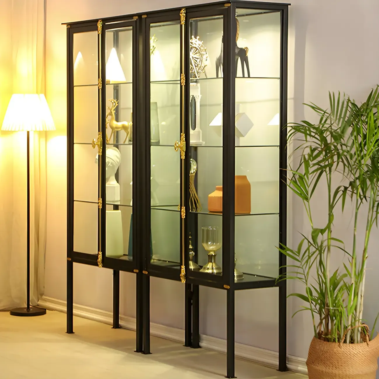 Elegant Black Metal Display Cabinet with Shelves for Dining Room Image - 14