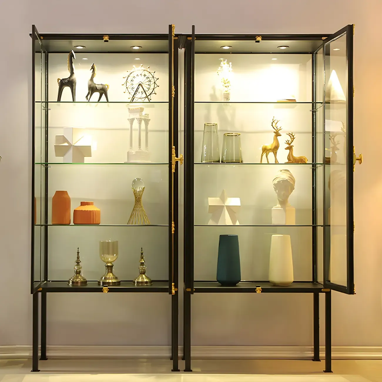 Elegant Black Metal Display Cabinet with Shelves for Dining Room Image - 15
