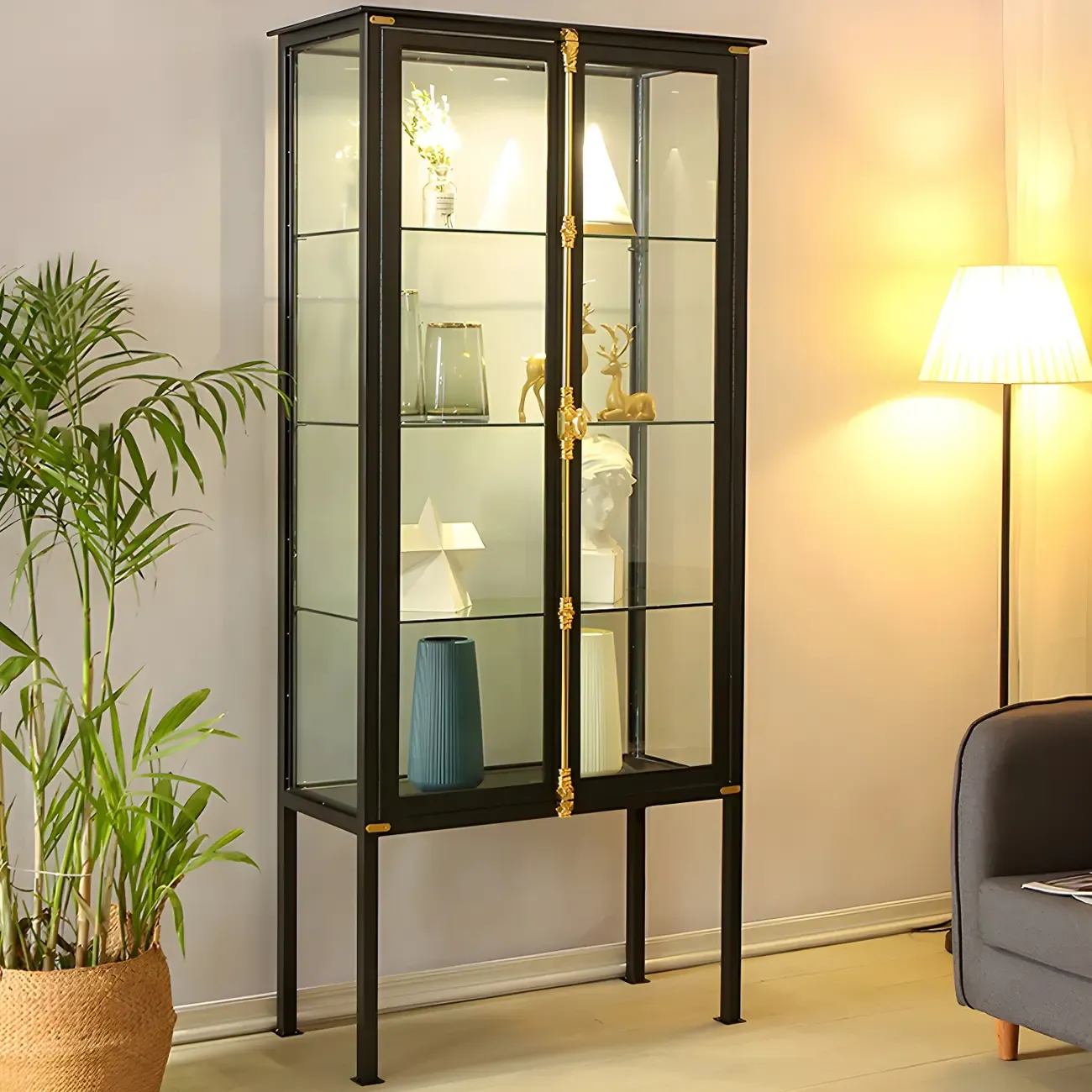 Elegant Black Metal Display Cabinet with Shelves for Dining Room Image - 16