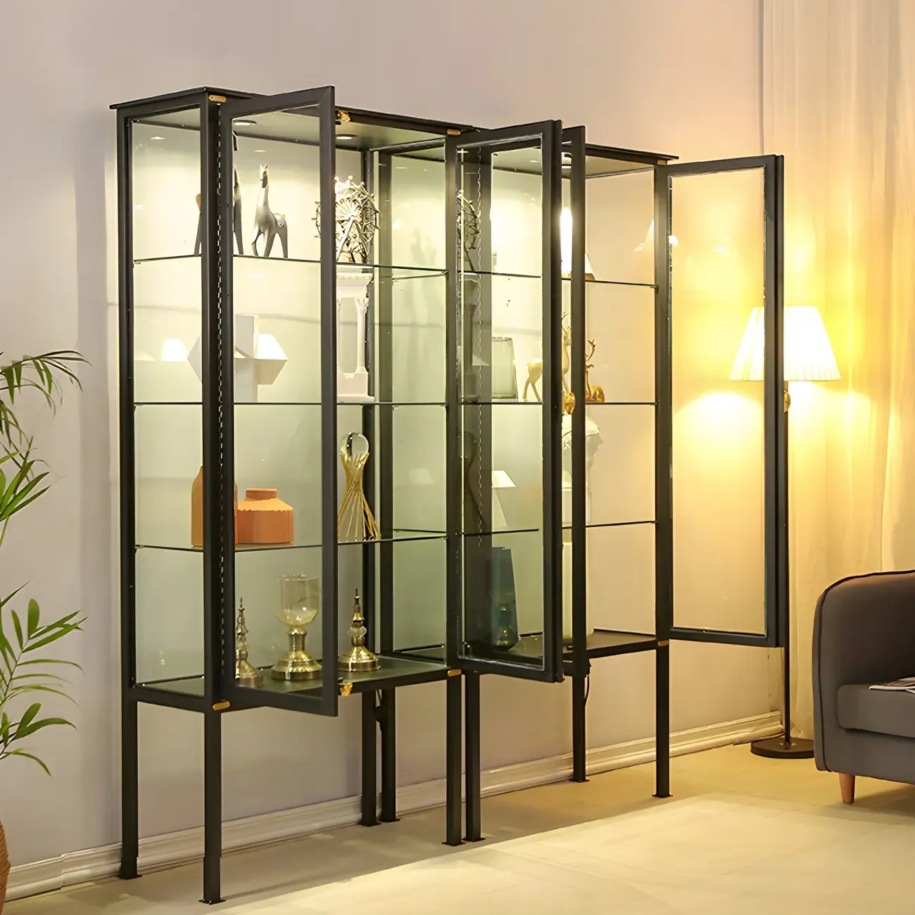 Elegant Black Metal Display Cabinet with Shelves for Dining Room Image - 17