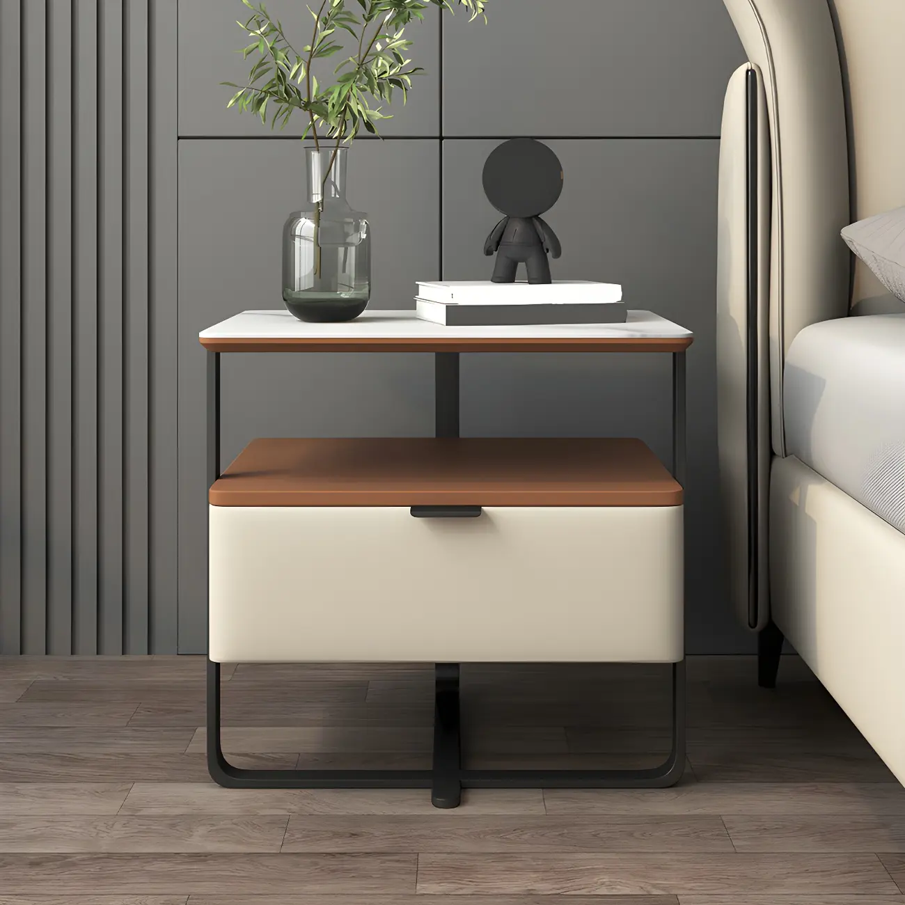 Art Deco Modern Steel Stone-Top 3 Tier Bedside Table Image - 1 | homeyfad