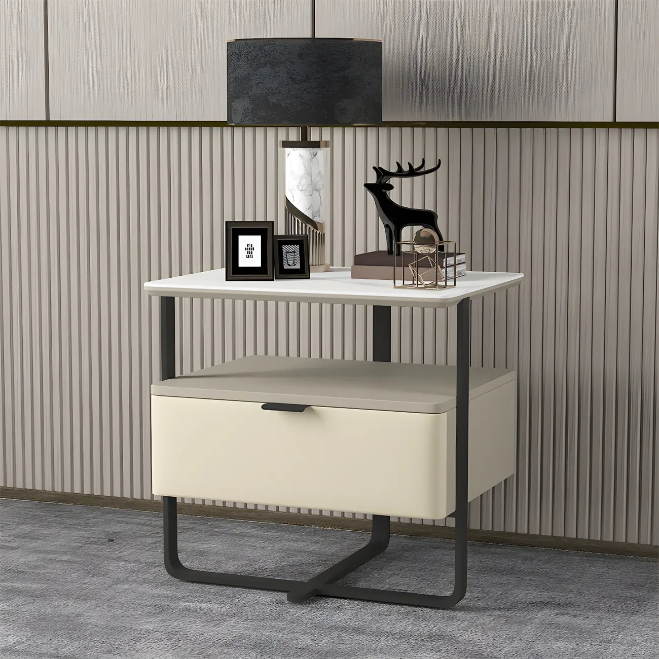 Art Deco Modern Steel Stone-Top 3 Tier Bedside Table Image - 2 | homeyfad