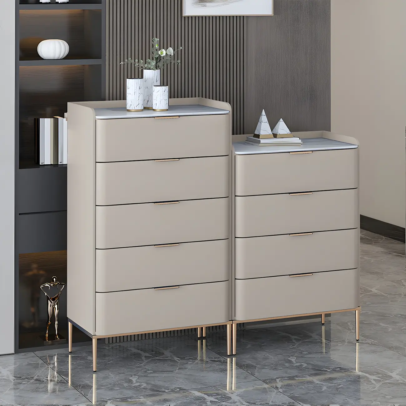Elegant Stone Bachelor Chest with Metal Handles & Drawers Image - 1 | homeyfad