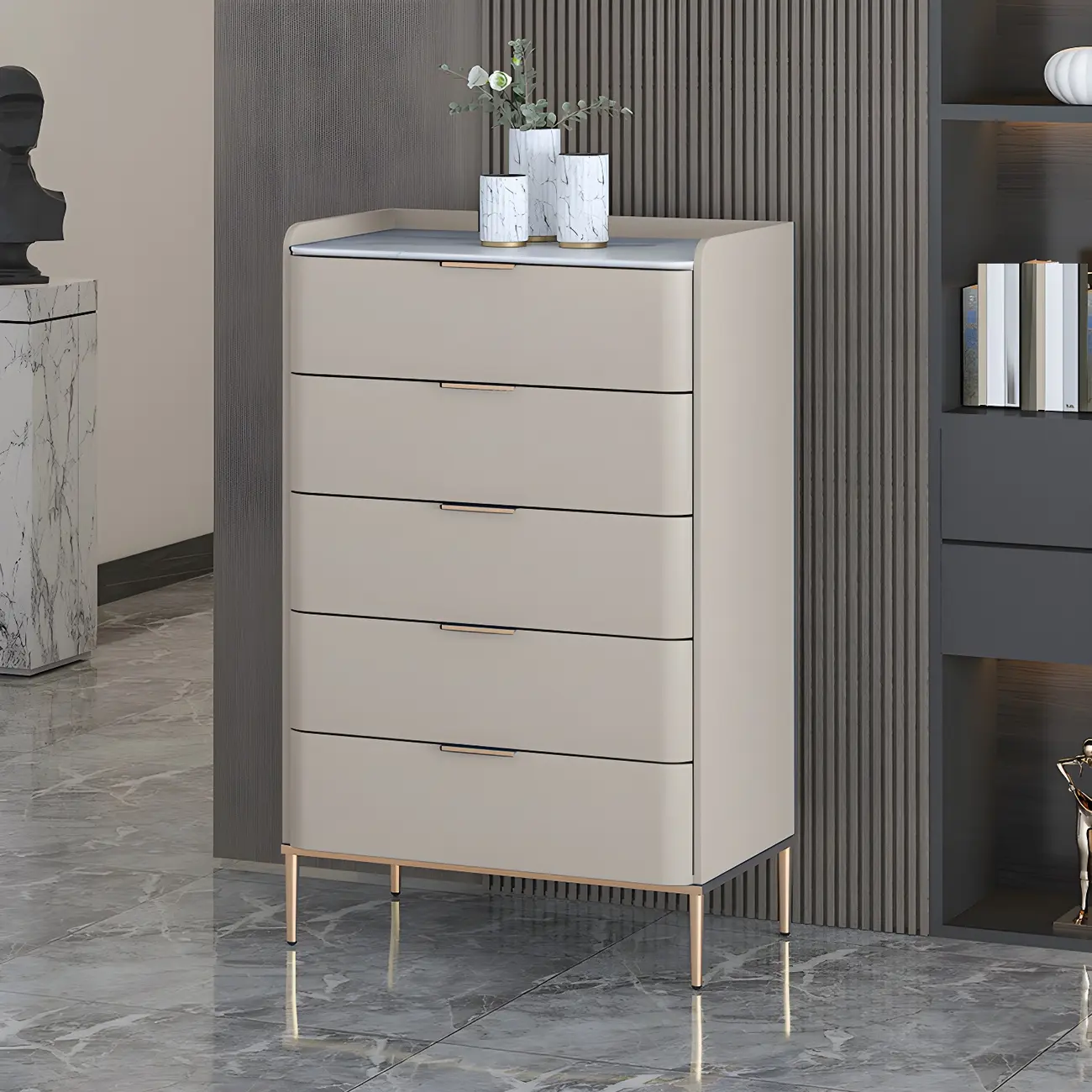 Elegant Stone Bachelor Chest with Metal Handles & Drawers Image - 4 | homeyfad