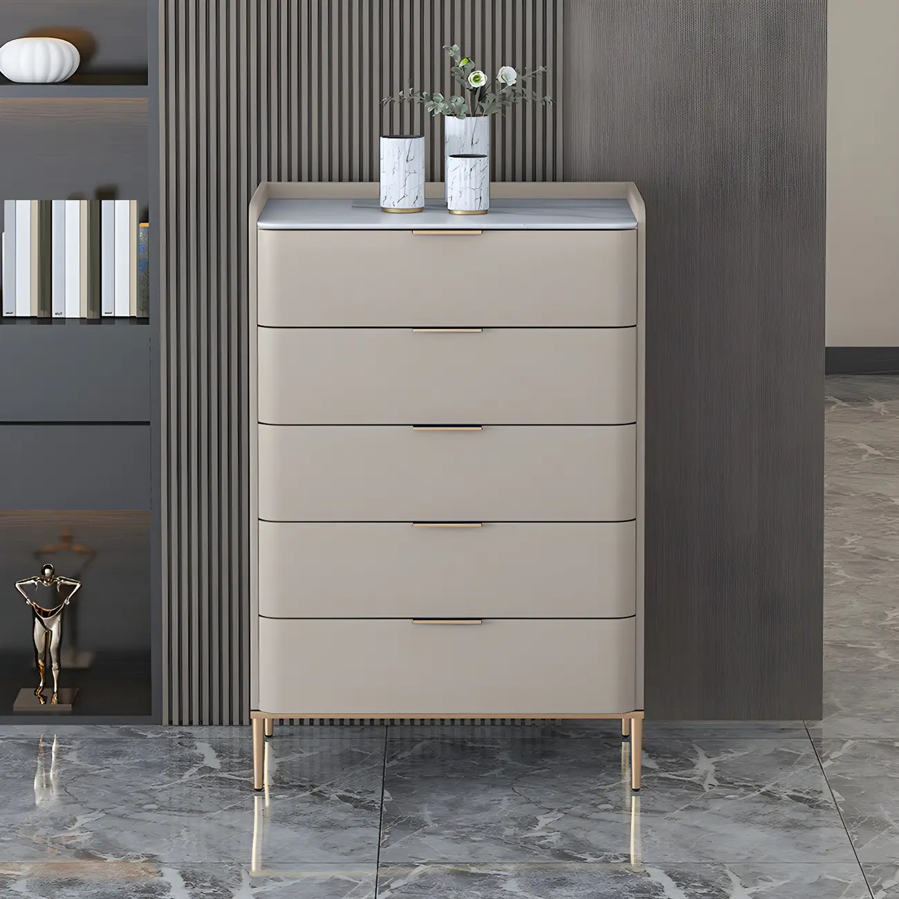 Elegant Stone Bachelor Chest with Metal Handles & Drawers Image - 6 | homeyfad