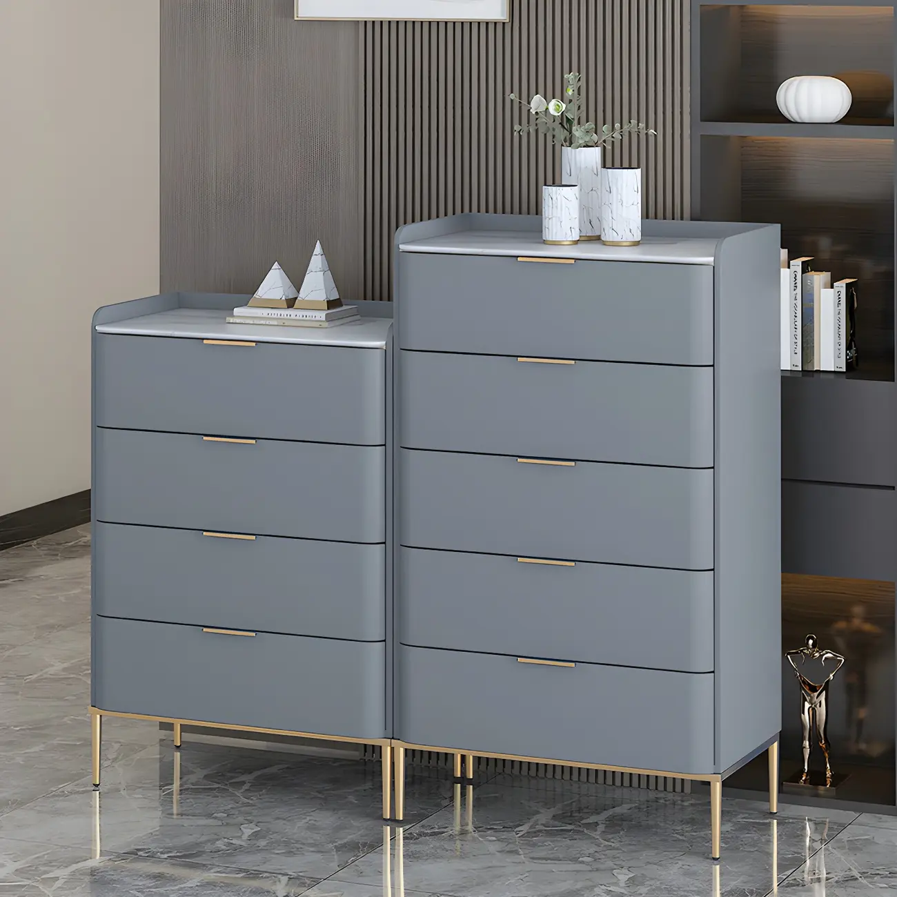 Elegant Stone Bachelor Chest with Metal Handles & Drawers Image - 2 | homeyfad