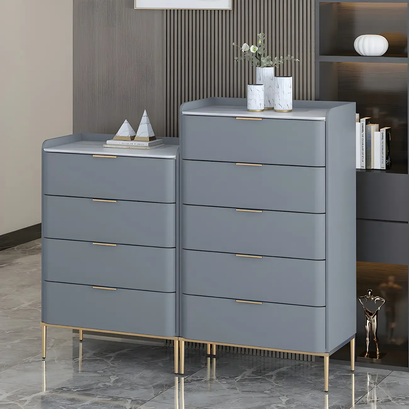 Elegant Stone Bachelor Chest with Metal Handles & Drawers Image - 2
