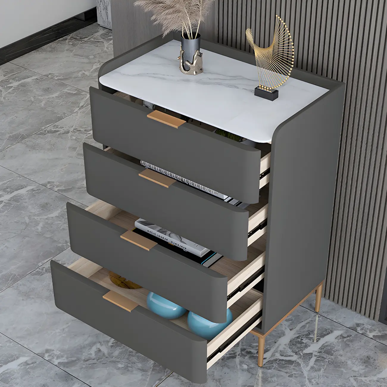 Elegant Stone Bachelor Chest with Metal Handles & Drawers Image - 19 | homeyfad
