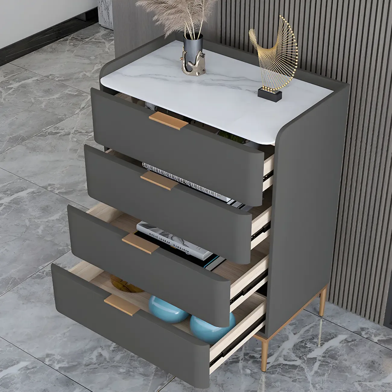 Elegant Stone Bachelor Chest with Metal Handles & Drawers Image - 19