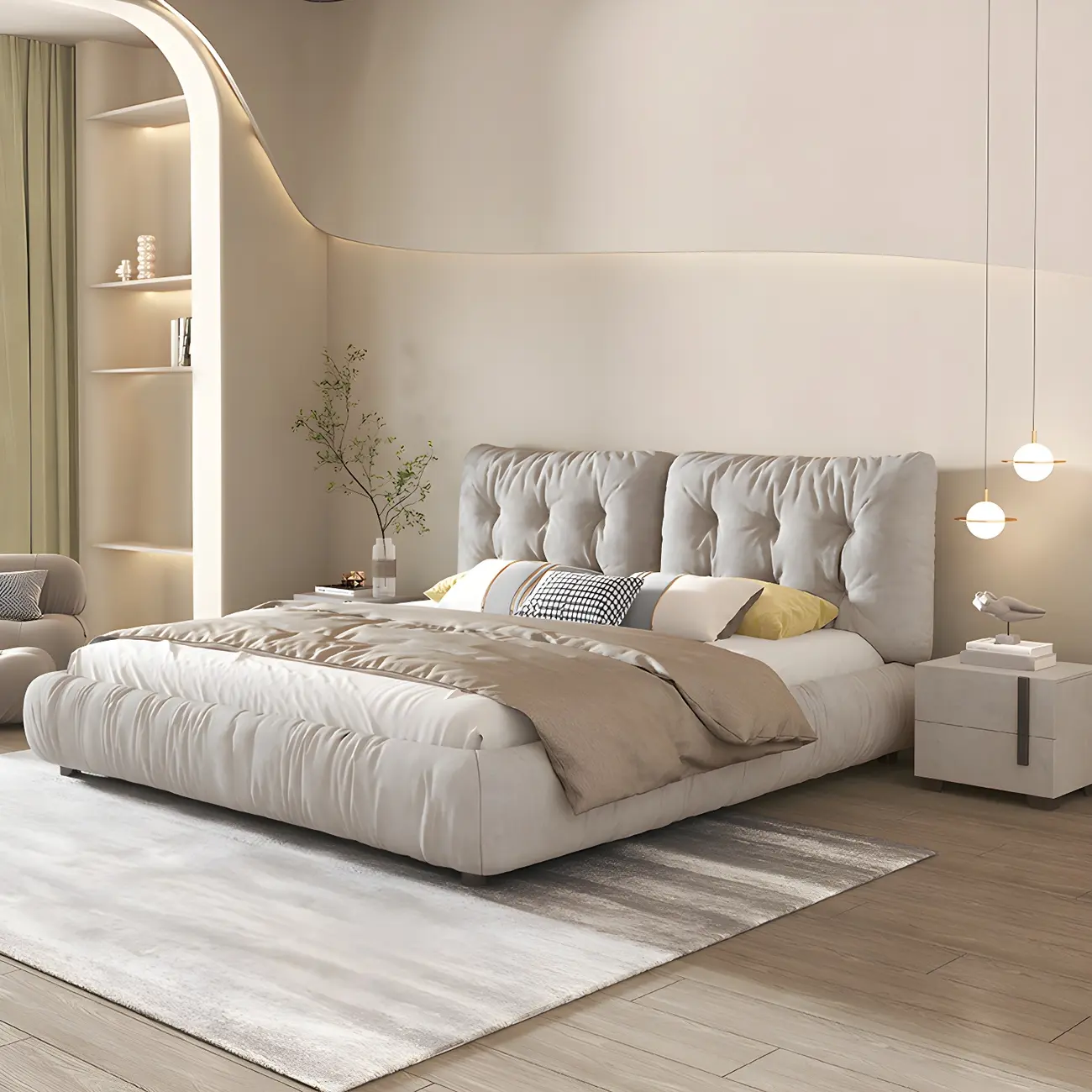 Modern Gray Pine Wood Slat Queen-Size Bed With Legs Image - 1 | homeyfad