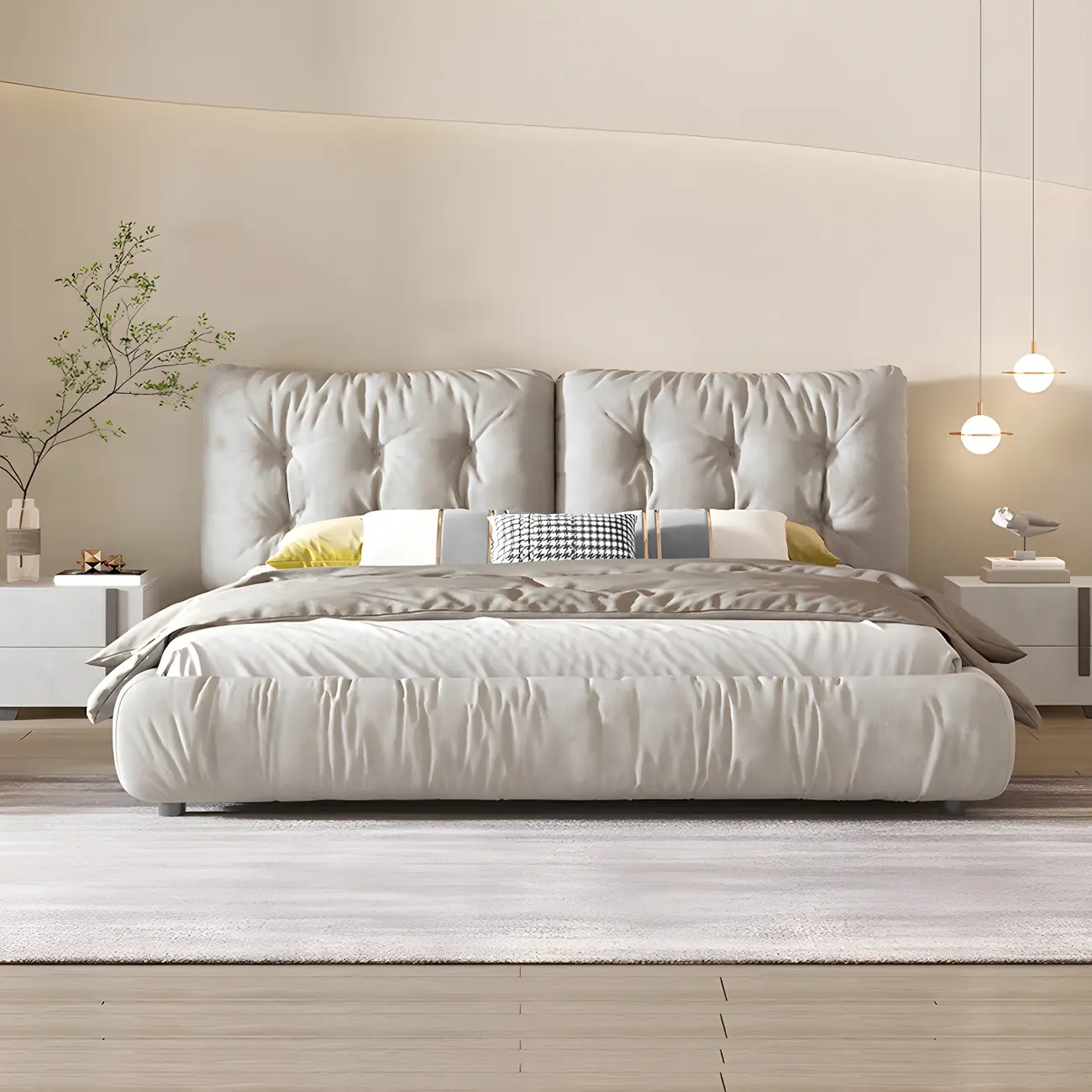 Modern Gray Pine Wood Slat Queen-Size Bed With Legs Image - 2 | homeyfad