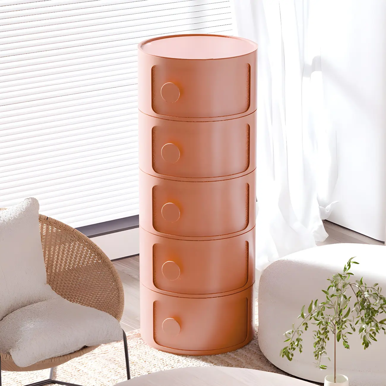 Modern White Round Nightstand with with Multi-Cabinets Image - 2 | homeyfad