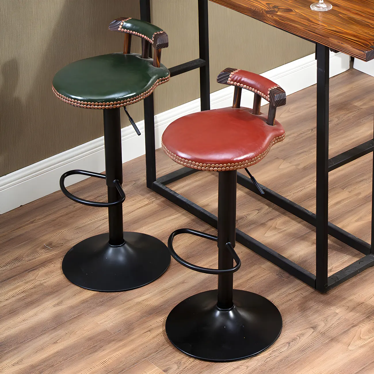 Industrial Round Leather Adjustable Bar Stools Image - 5 | homeyfad