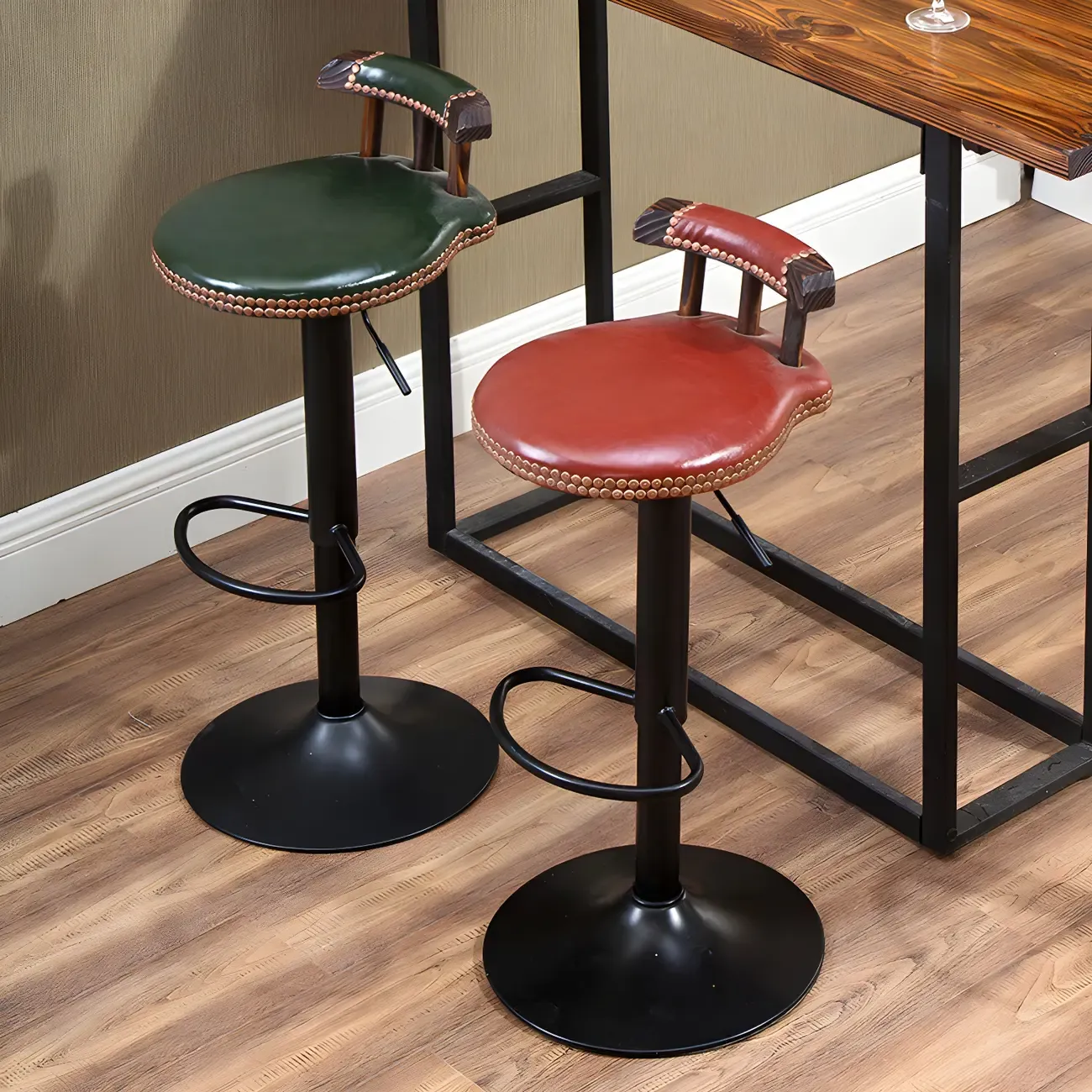 Industrial Round Leather Adjustable Bar Stools Image - 5
