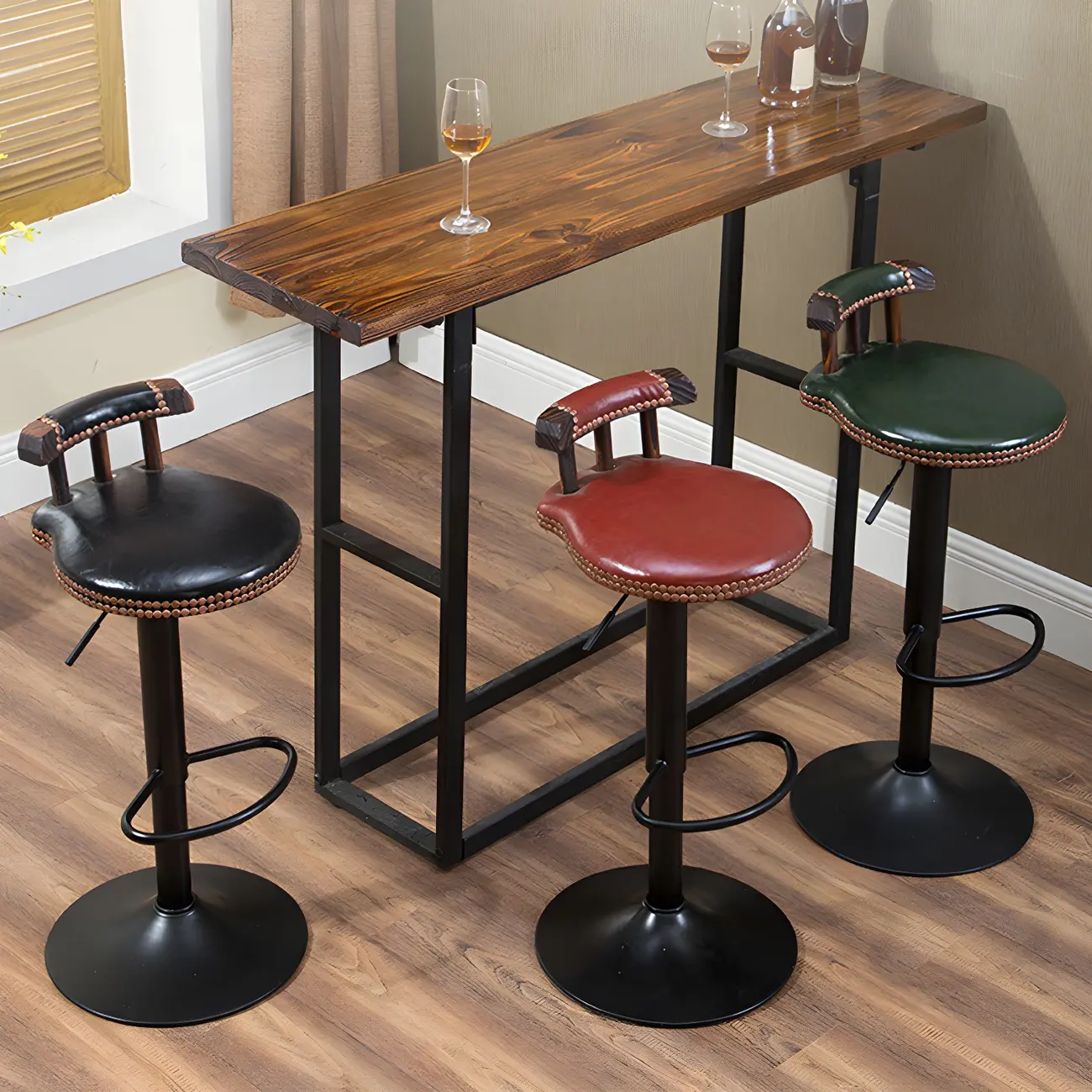 Industrial Round Leather Adjustable Bar Stools Image - 12 | homeyfad