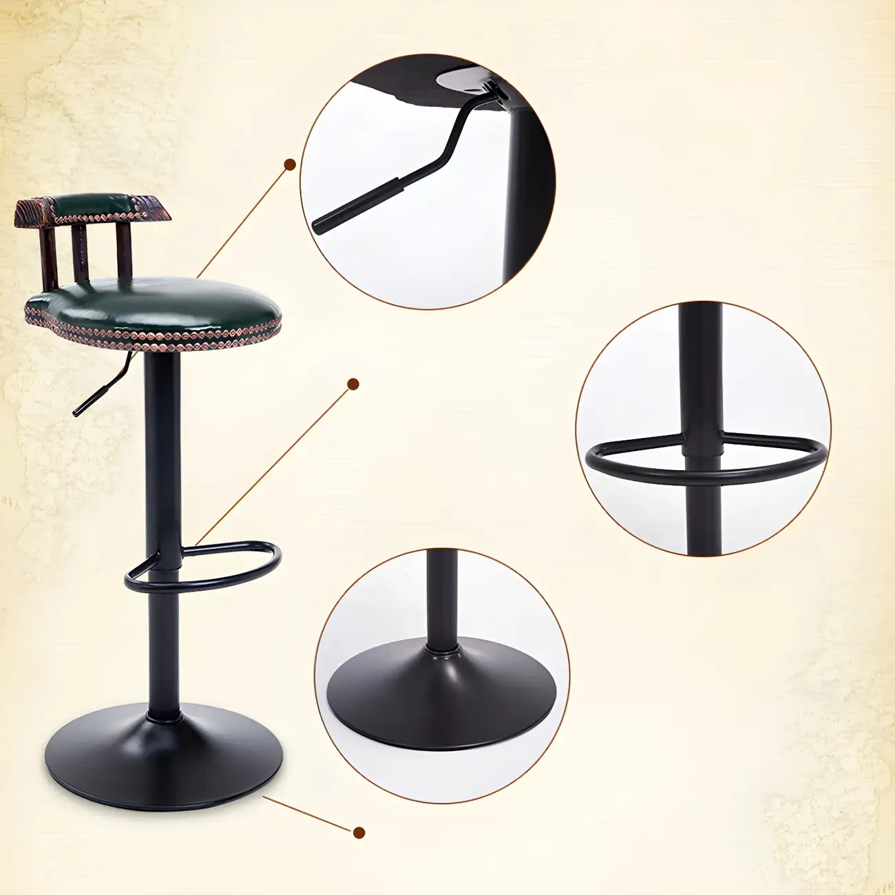Industrial Round Leather Adjustable Bar Stools Image - 8