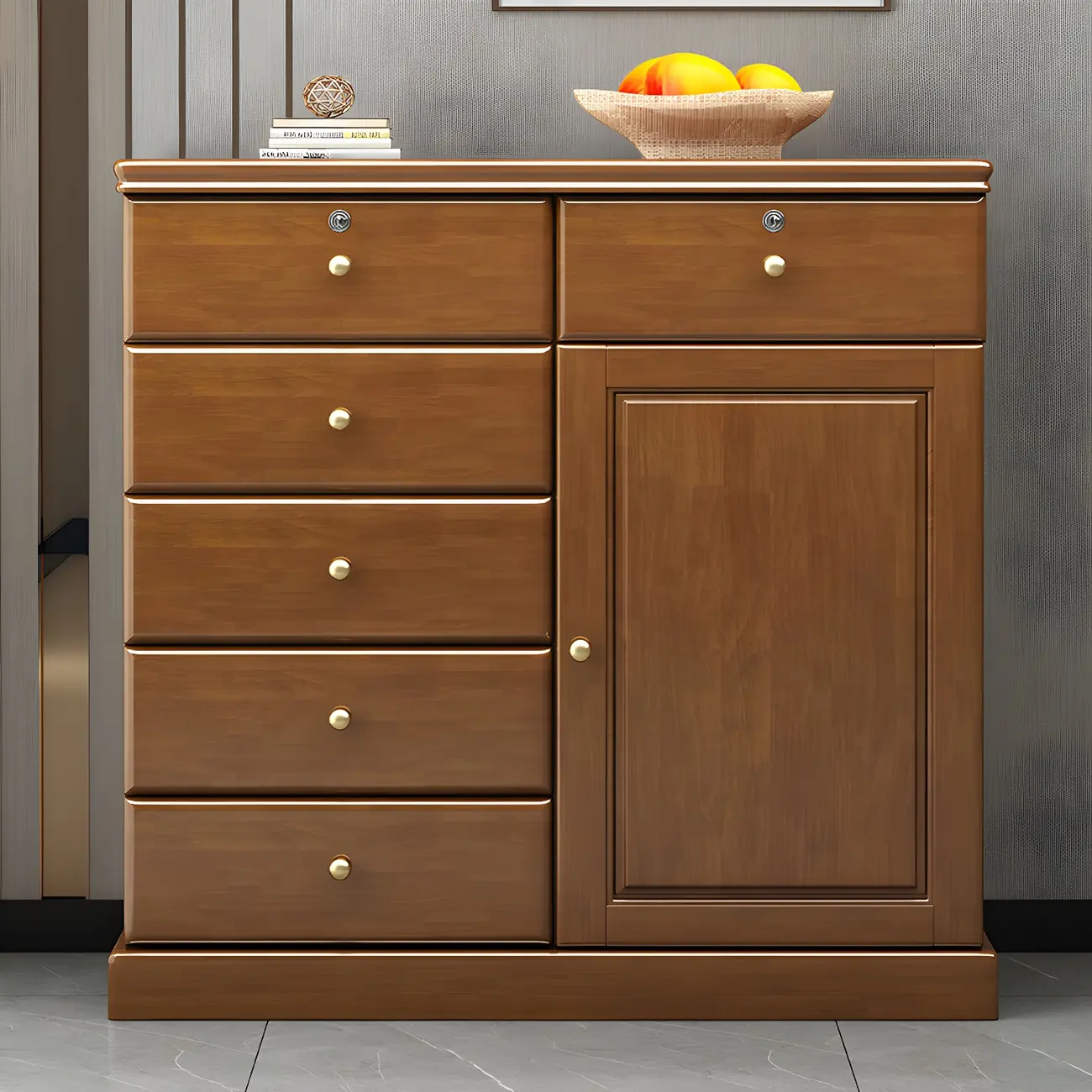Traditional Nut-Brown Wooden Dresser Chest with Shelves Image - 3 | homeyfad