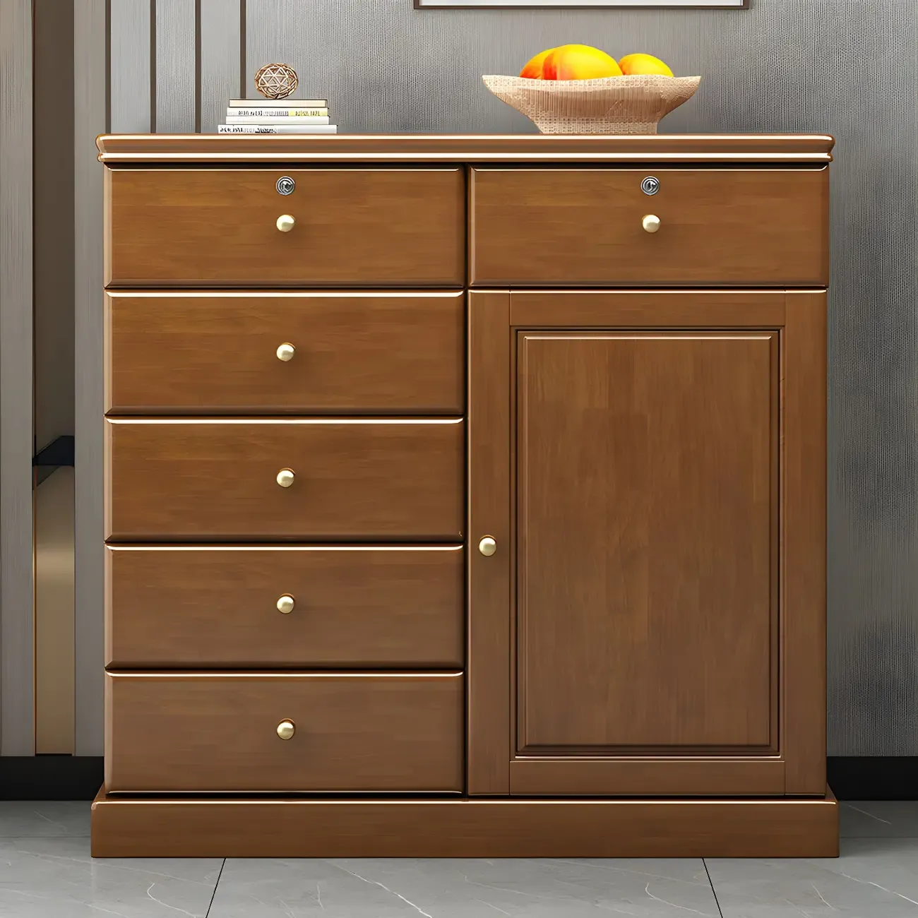 Traditional Nut-Brown Wooden Dresser Chest with Shelves Image - 3