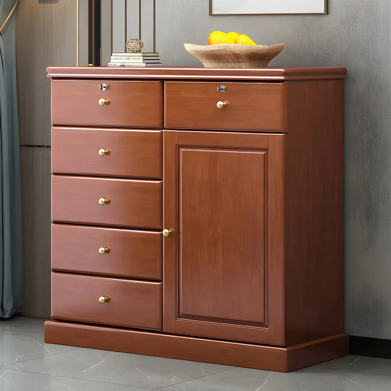 Traditional Nut-Brown Wooden Dresser Chest with Shelves Image - 4