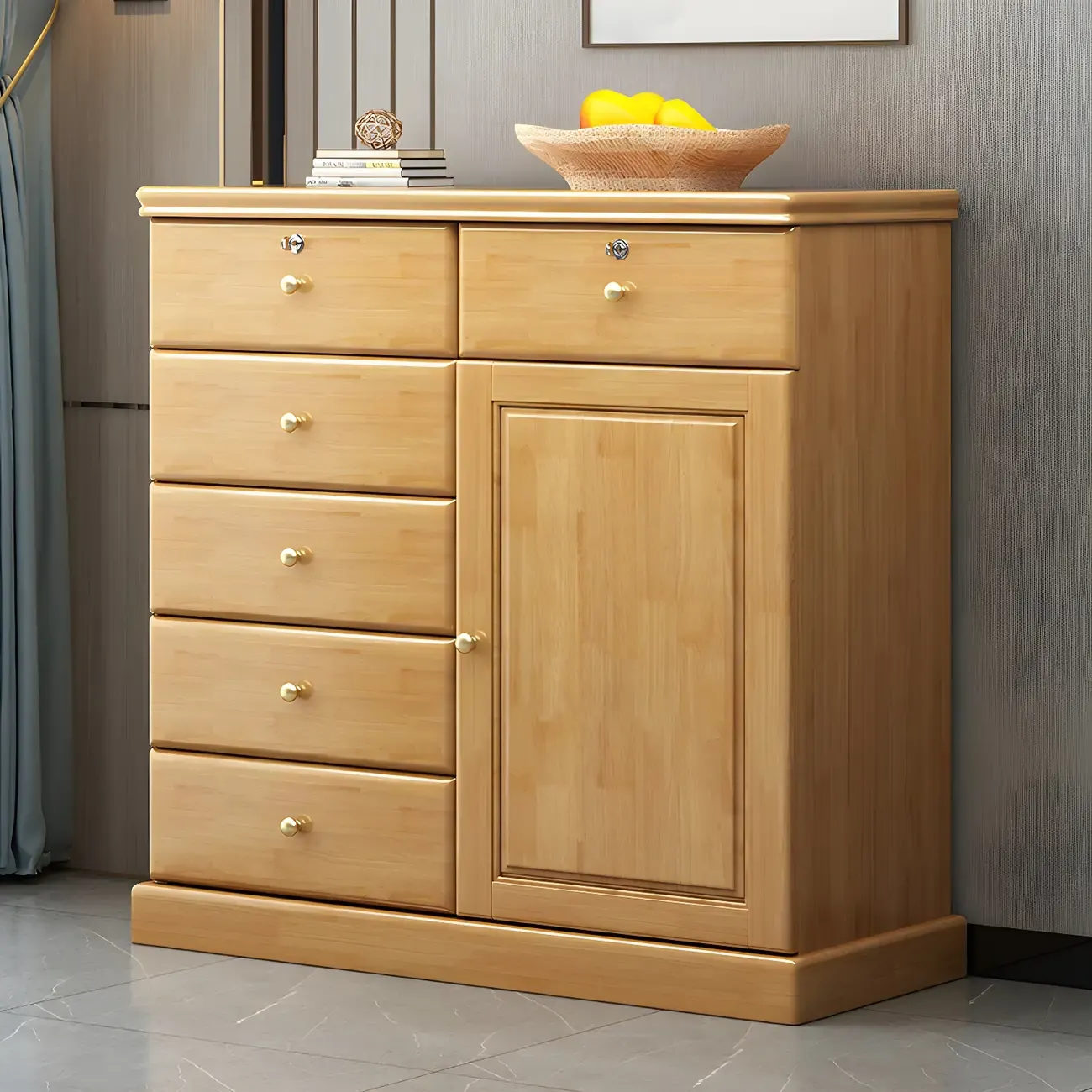Traditional Nut-Brown Wooden Dresser Chest with Shelves Image - 7