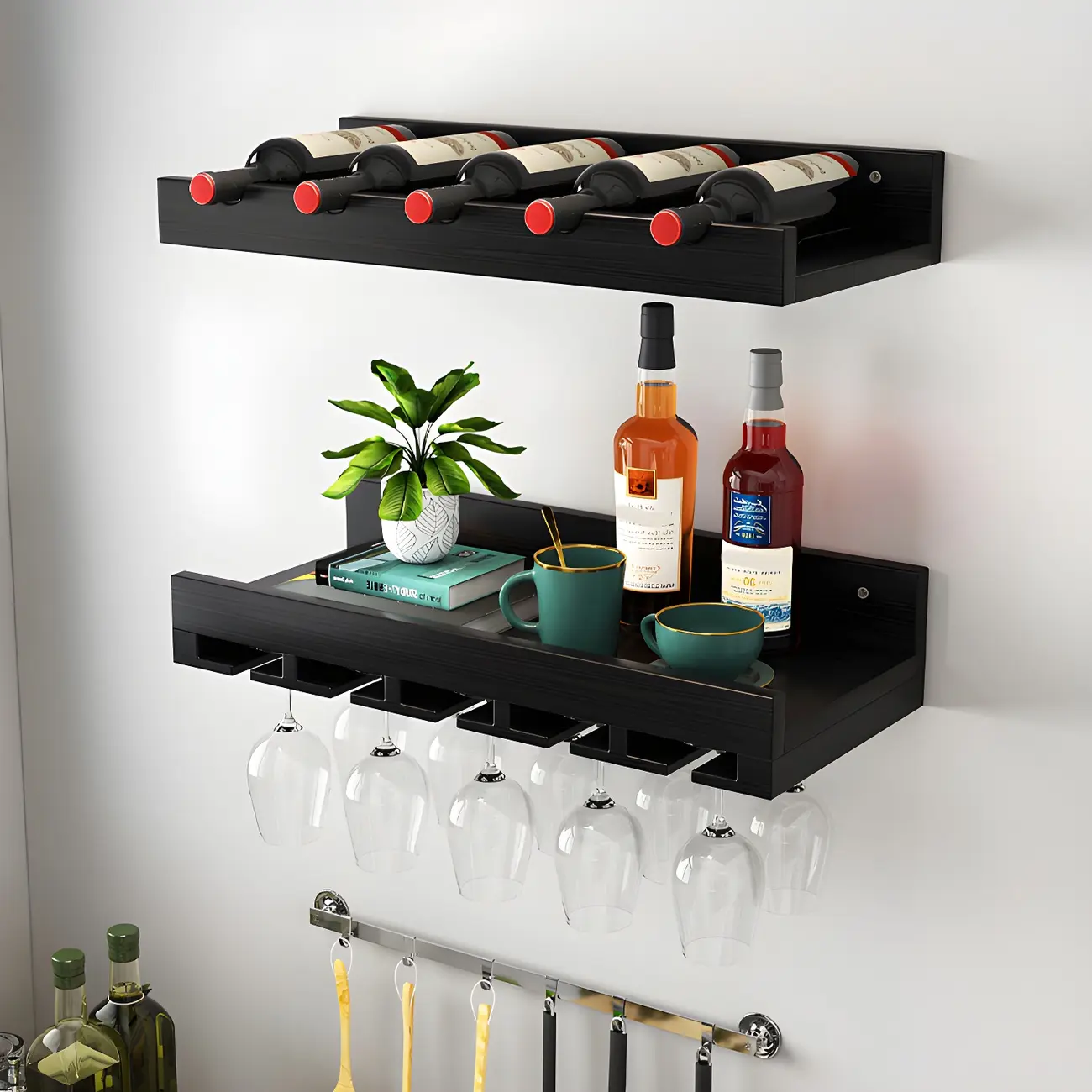 Black Industrial Wall-Mounted Wood Wine Rack Set Image - 1 | homeyfad