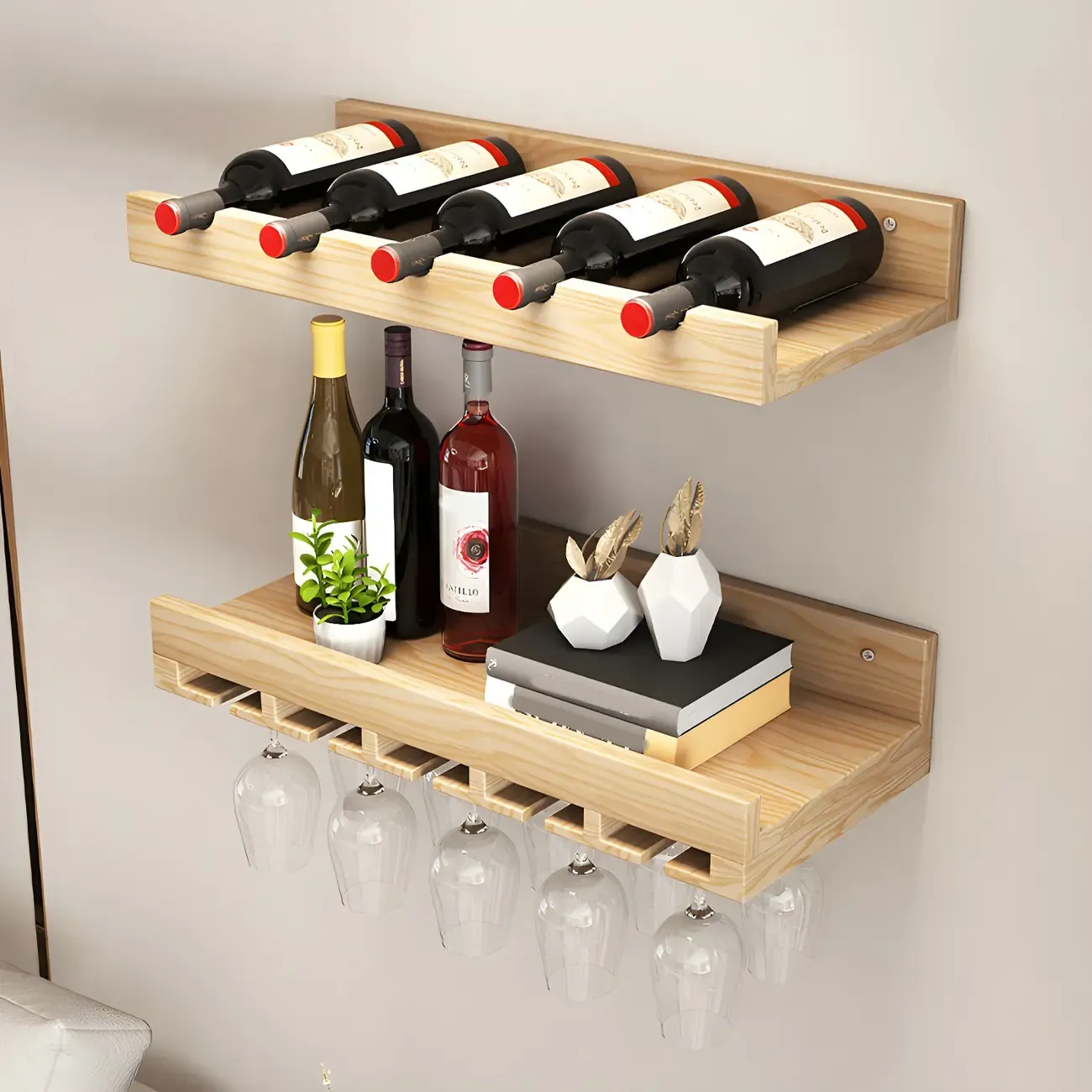 Black Industrial Wall-Mounted Wood Wine Rack Set Image - 2