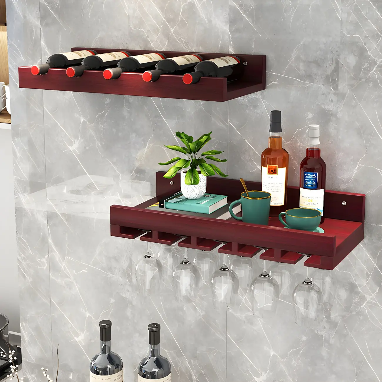 Black Industrial Wall-Mounted Wood Wine Rack Set Image - 4 | homeyfad