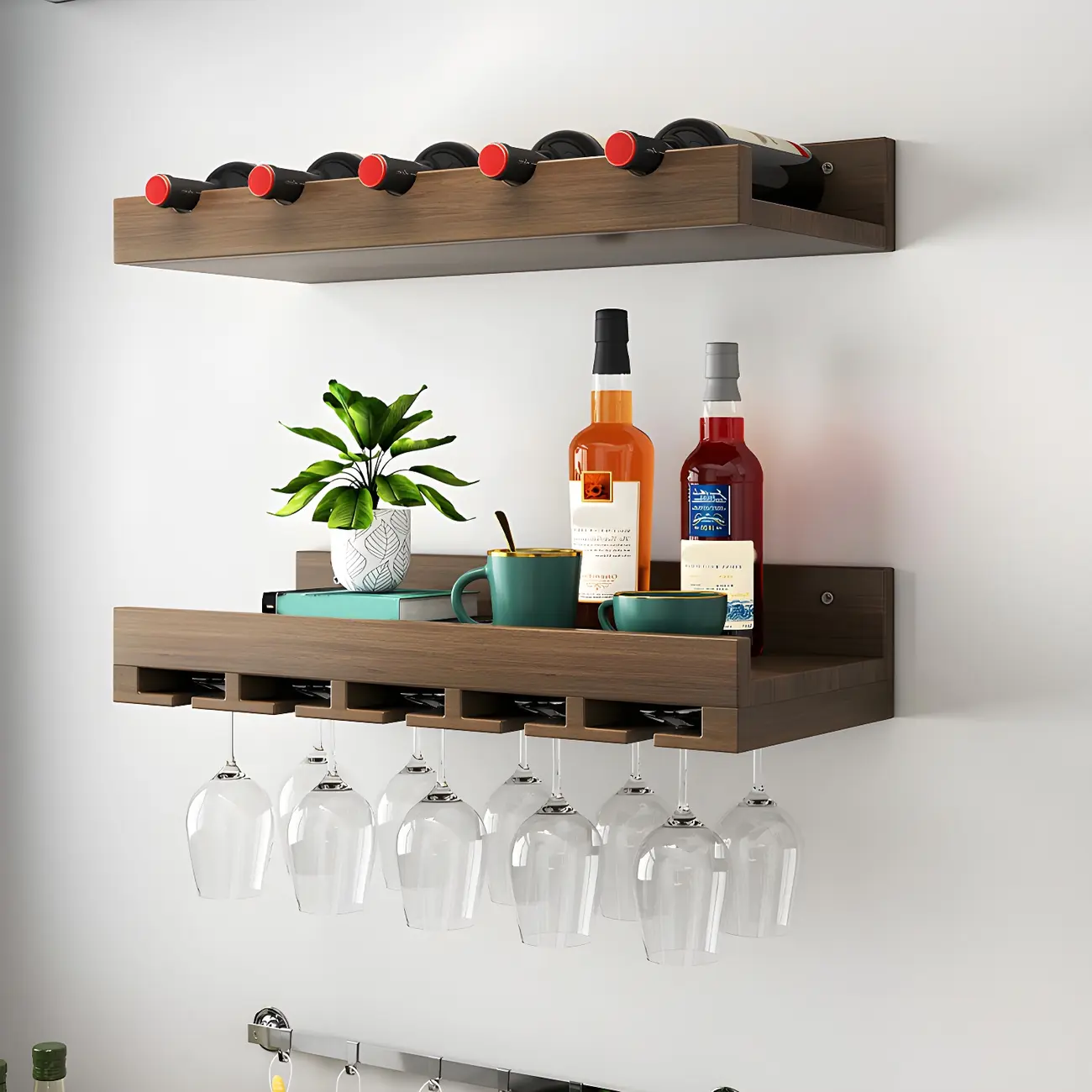 Black Industrial Wall-Mounted Wood Wine Rack Set Image - 6 | homeyfad