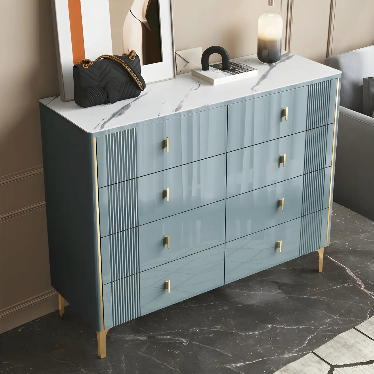 Glam Stone Dresser Chest with Glazed Surface Drawers Image - 1