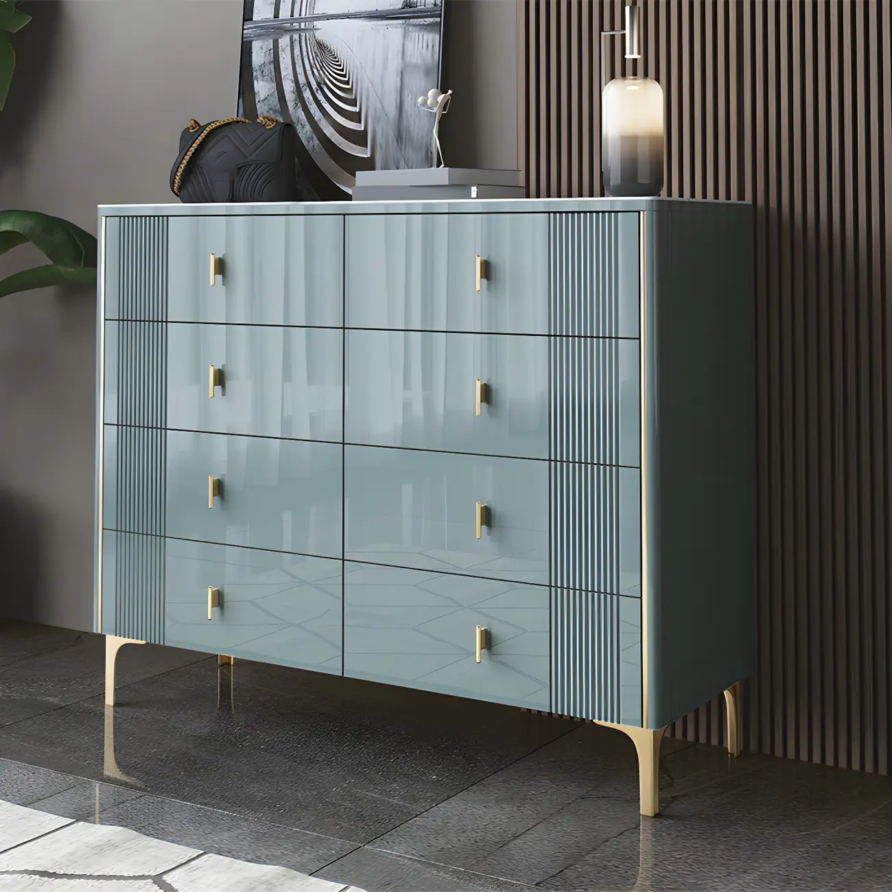 Glam Stone Dresser Chest with Glazed Surface Drawers Image - 4 | homeyfad