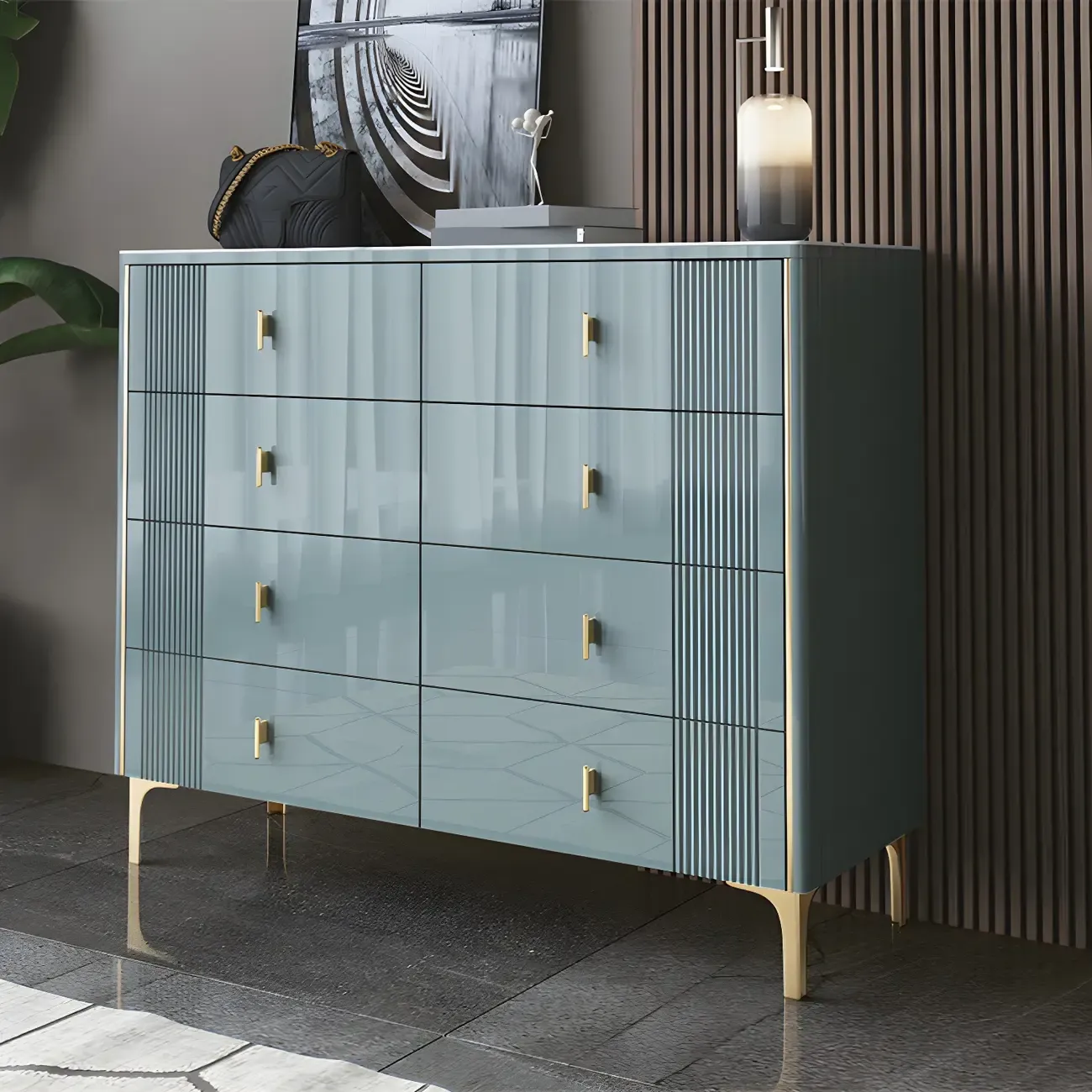 Glam Stone Dresser Chest with Glazed Surface Drawers Image - 4