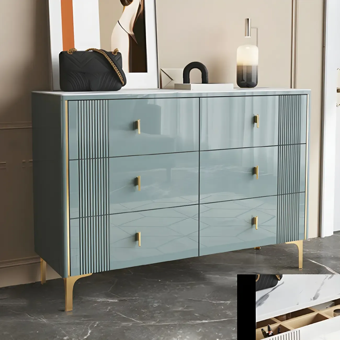 Glam Stone Dresser Chest with Glazed Surface Drawers Image - 6