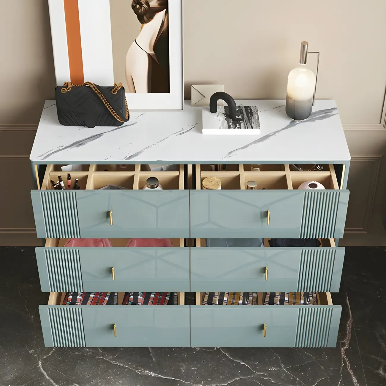Glam Stone Dresser Chest with Glazed Surface Drawers Image - 7