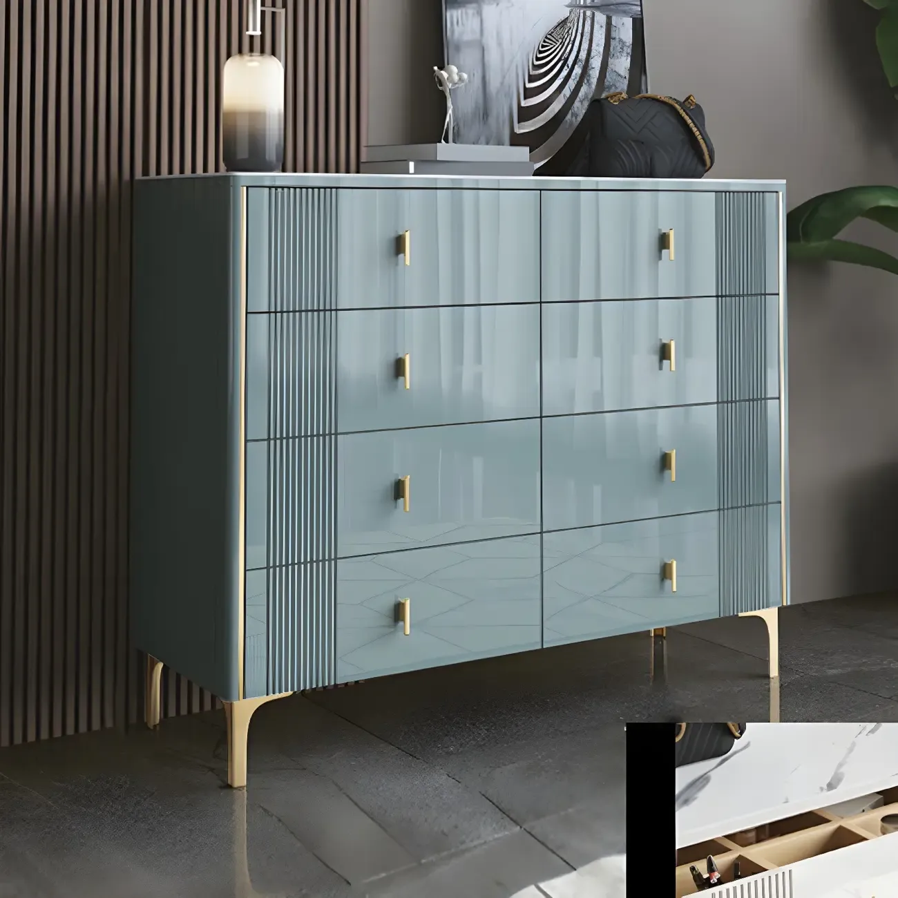 Glam Stone Dresser Chest with Glazed Surface Drawers Image - 8