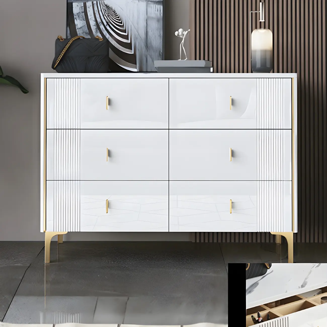 Glam Stone Dresser Chest with Glazed Surface Drawers Image - 9 | homeyfad