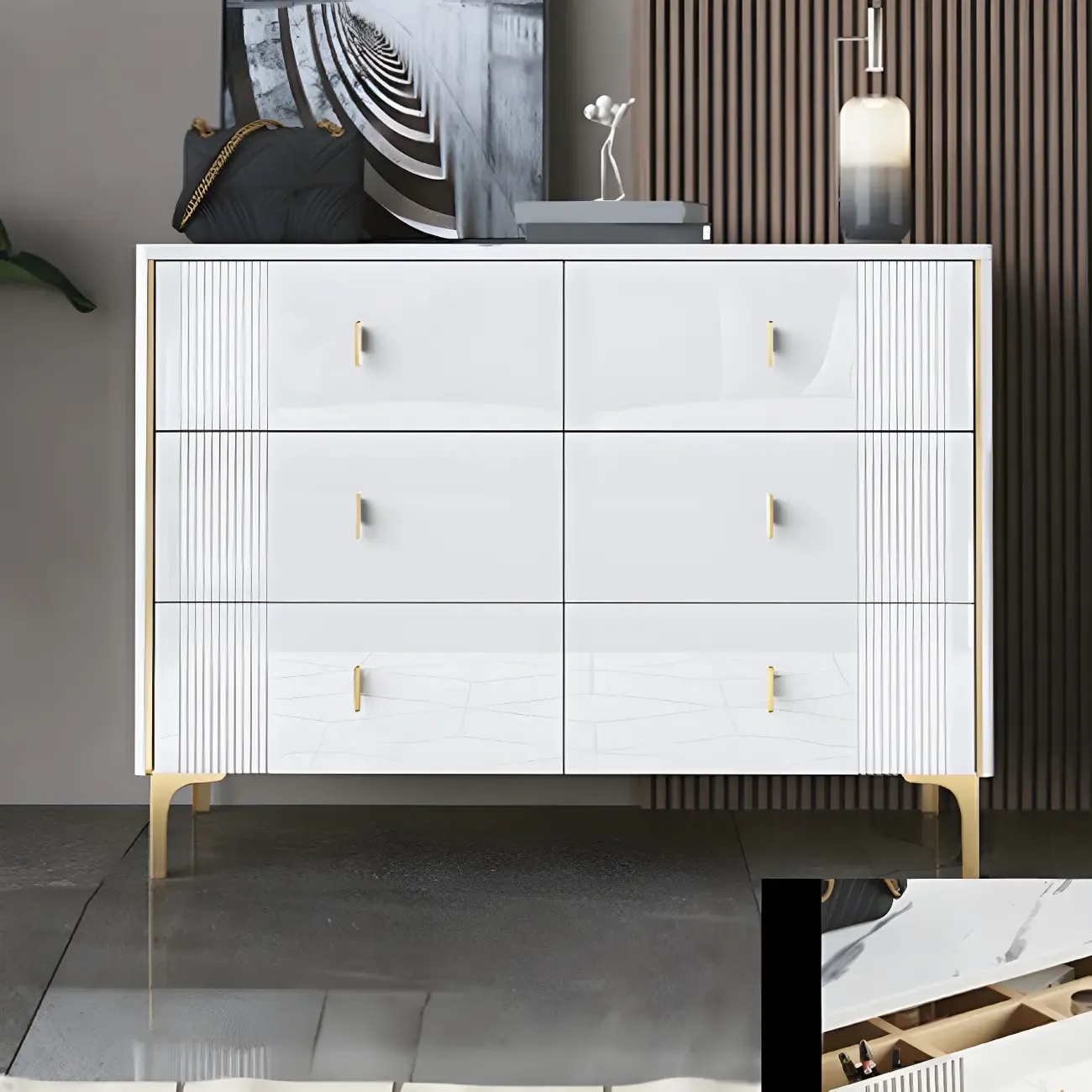 Glam Stone Dresser Chest with Glazed Surface Drawers Image - 9