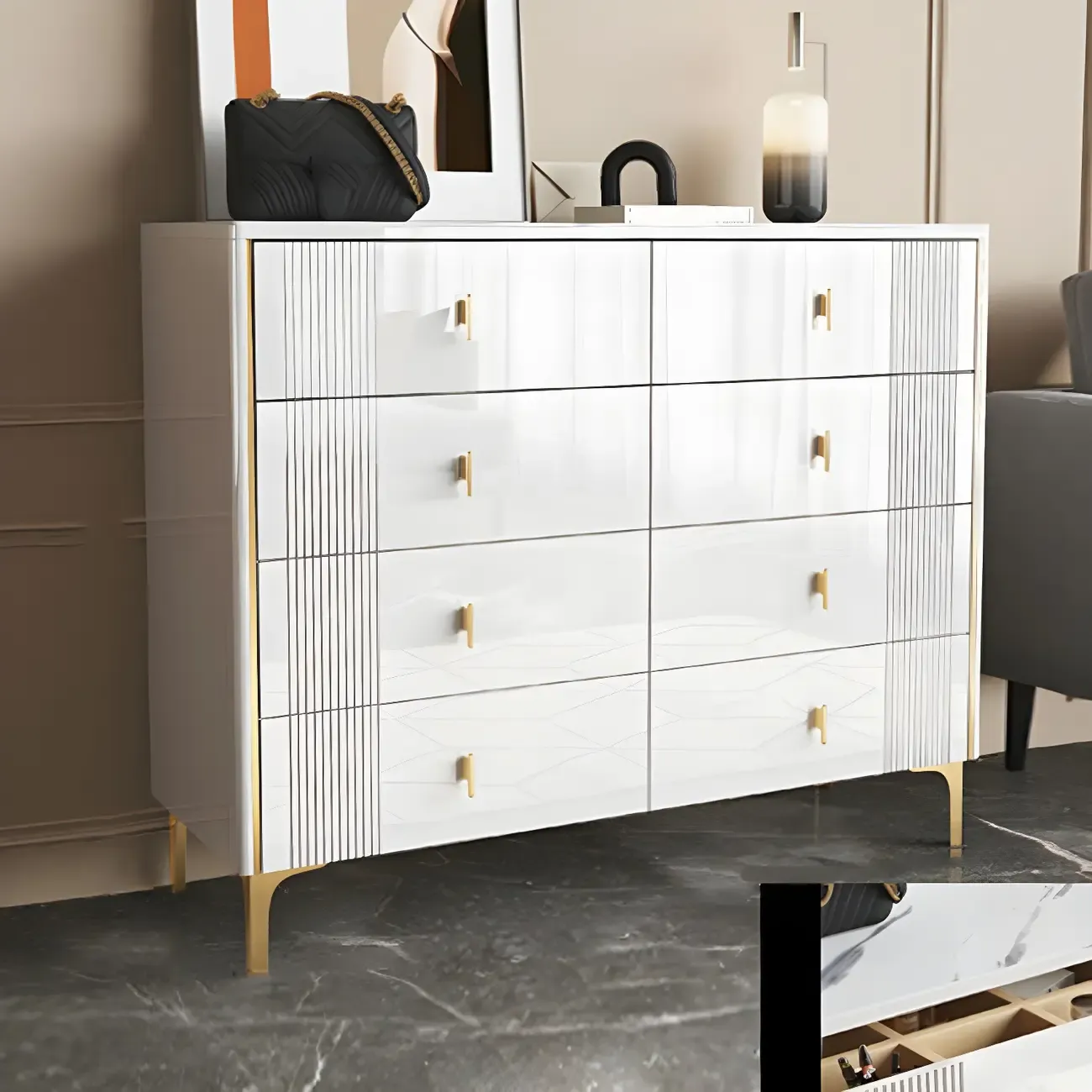 Glam Stone Dresser Chest with Glazed Surface Drawers Image - 11