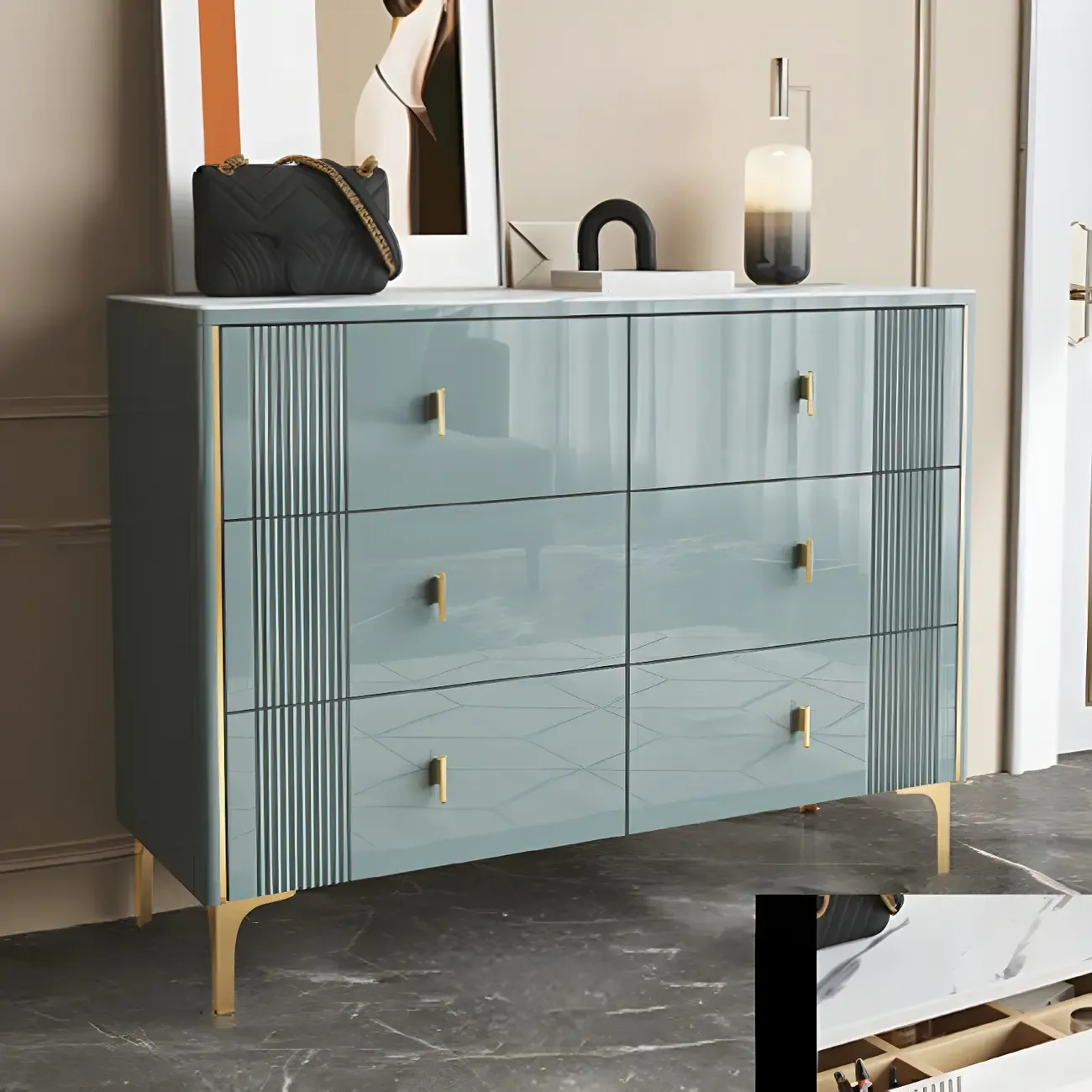 Glam Stone Dresser Chest with Glazed Surface Drawers Image - 13