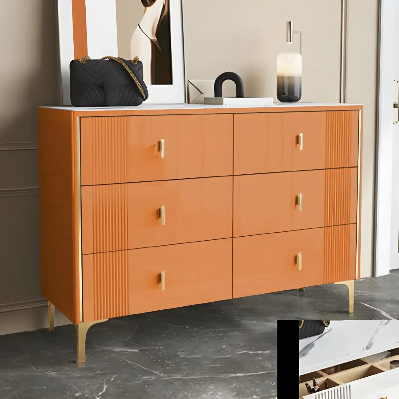 Glam Stone Dresser Chest with Glazed Surface Drawers Image - 15
