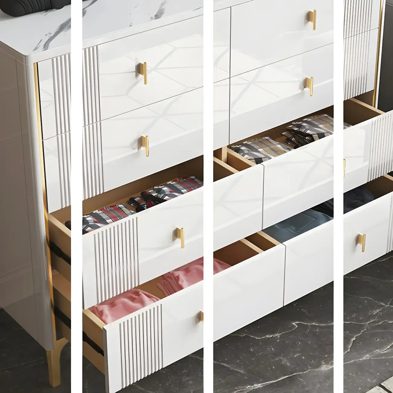 Glam Stone Dresser Chest with Glazed Surface Drawers Image - 16