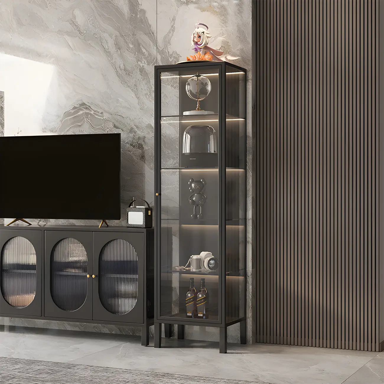 Minimalist Metal Display Cabinet with Glass Doors for Living Room Image - 2 | homeyfad