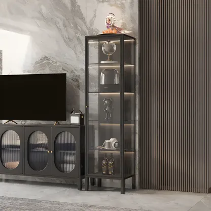Minimalist Metal Display Cabinet with Glass Doors for Living Room Image - 2