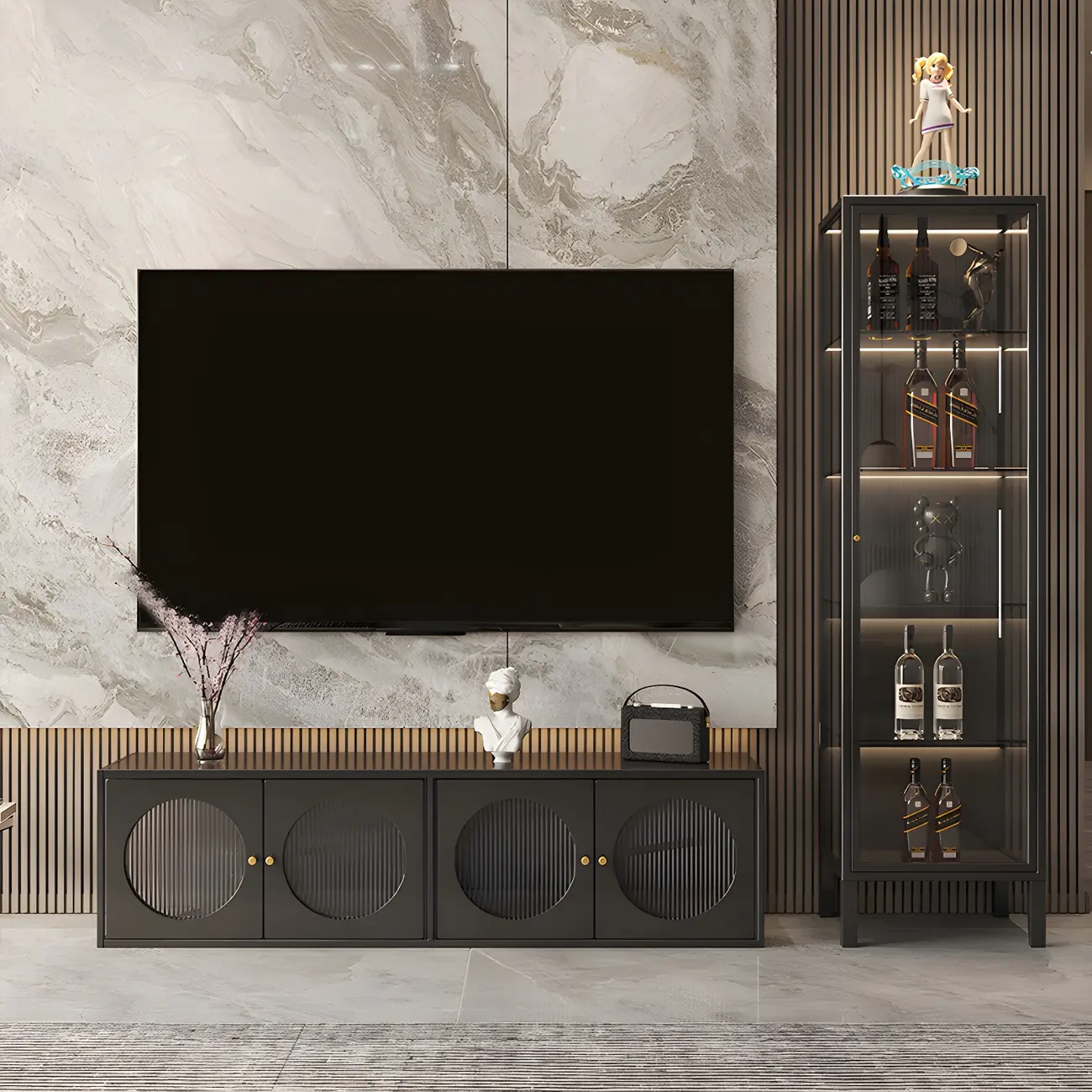 Minimalist Metal Display Cabinet with Glass Doors for Living Room Image - 6 | homeyfad