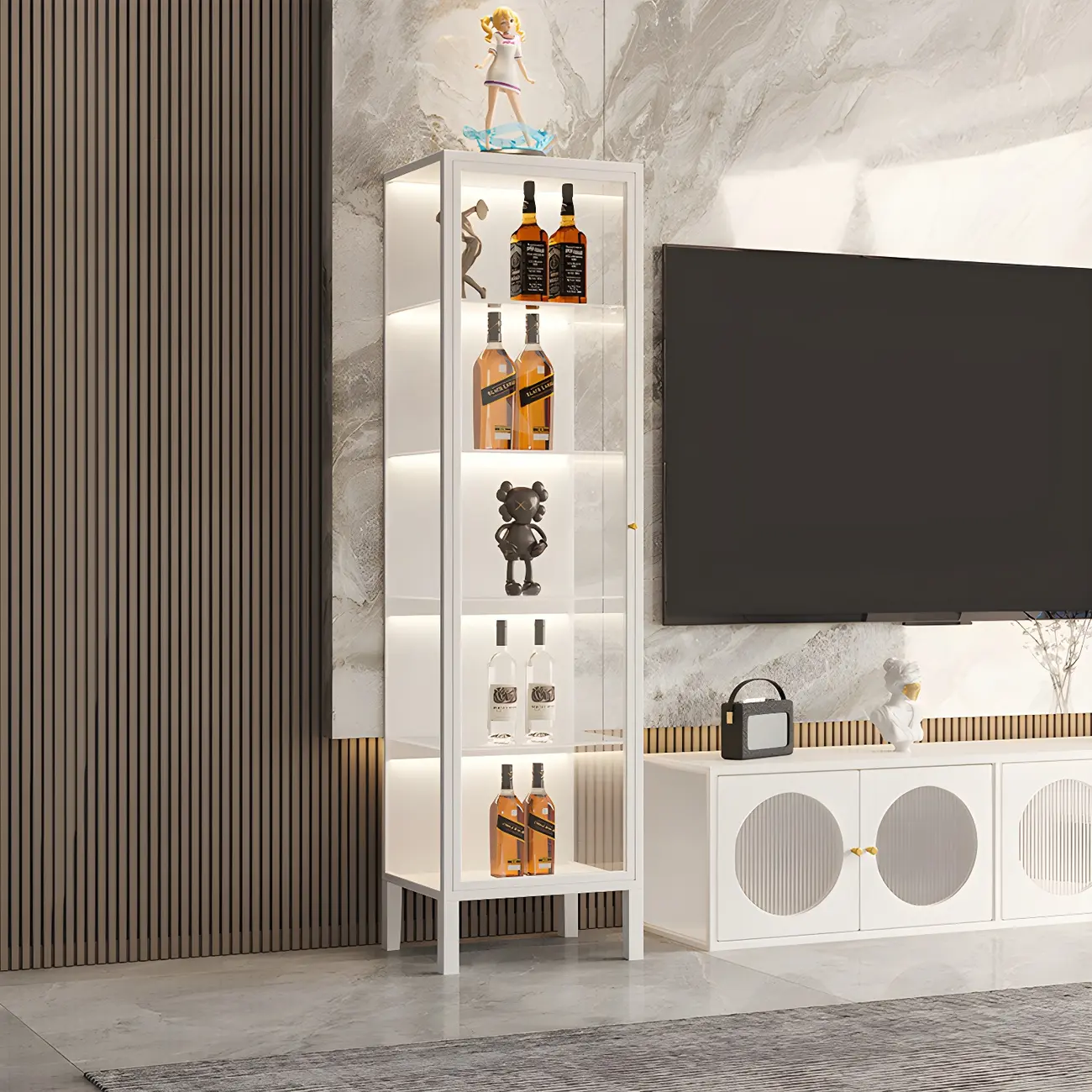 Minimalist Metal Display Cabinet with Glass Doors for Living Room Image - 13 | homeyfad