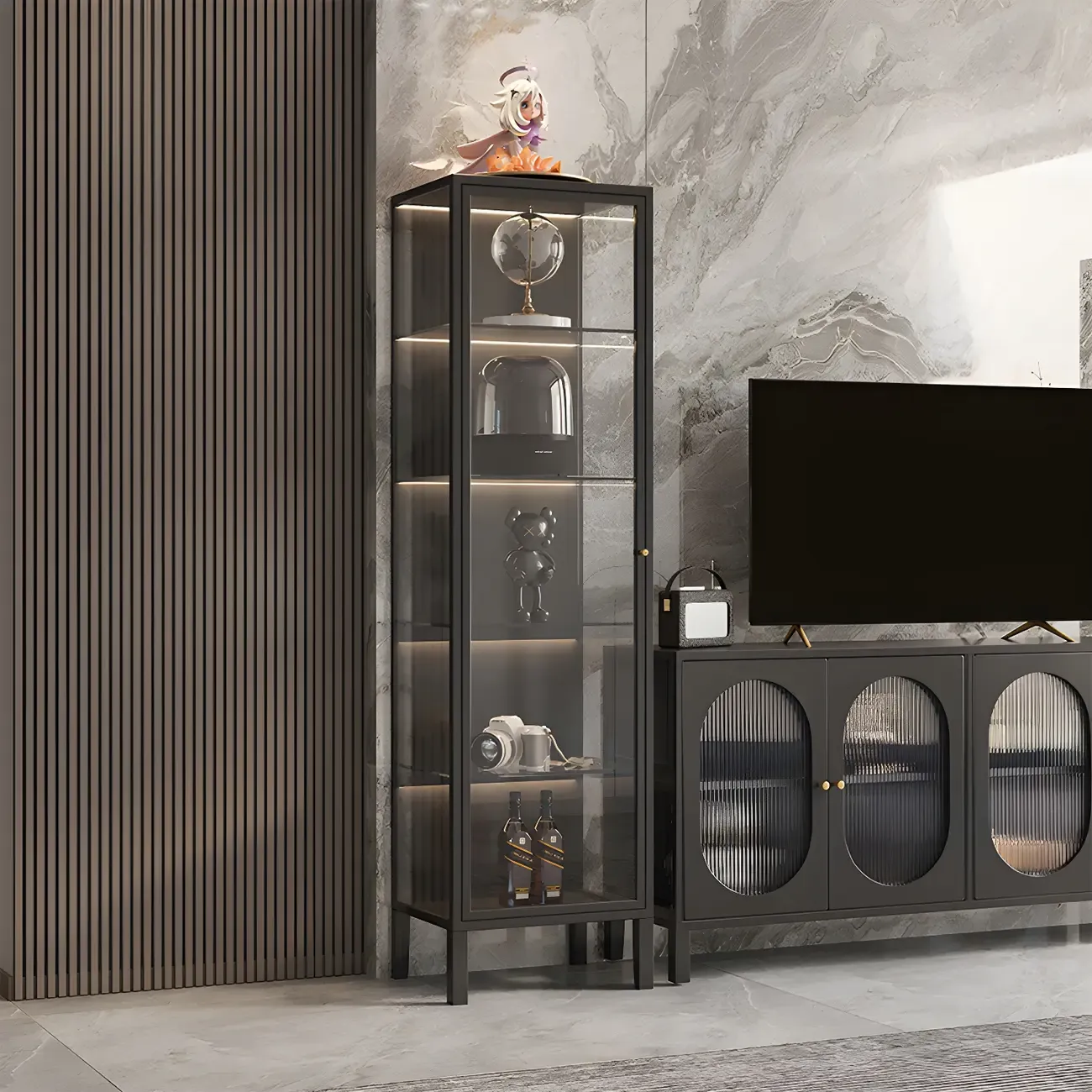 Minimalist Metal Display Cabinet with Glass Doors for Living Room Image - 7