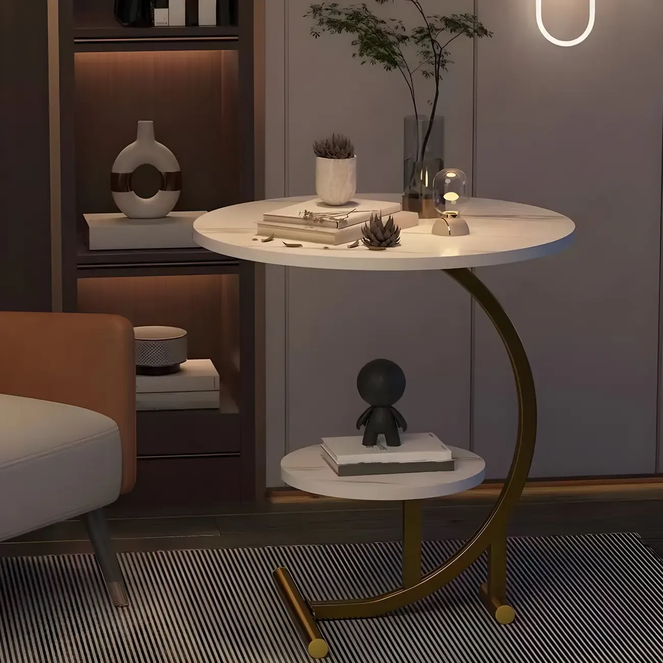 Modern Metal Frame Round Double-layer Nightstands Image - 3