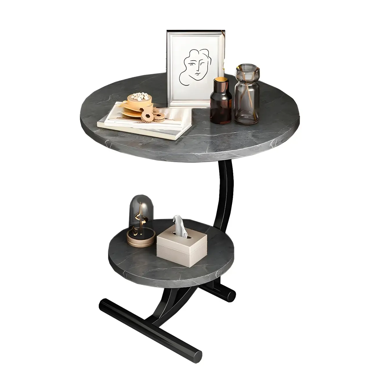 Modern Metal Frame Round Double-layer Nightstands Image - 11