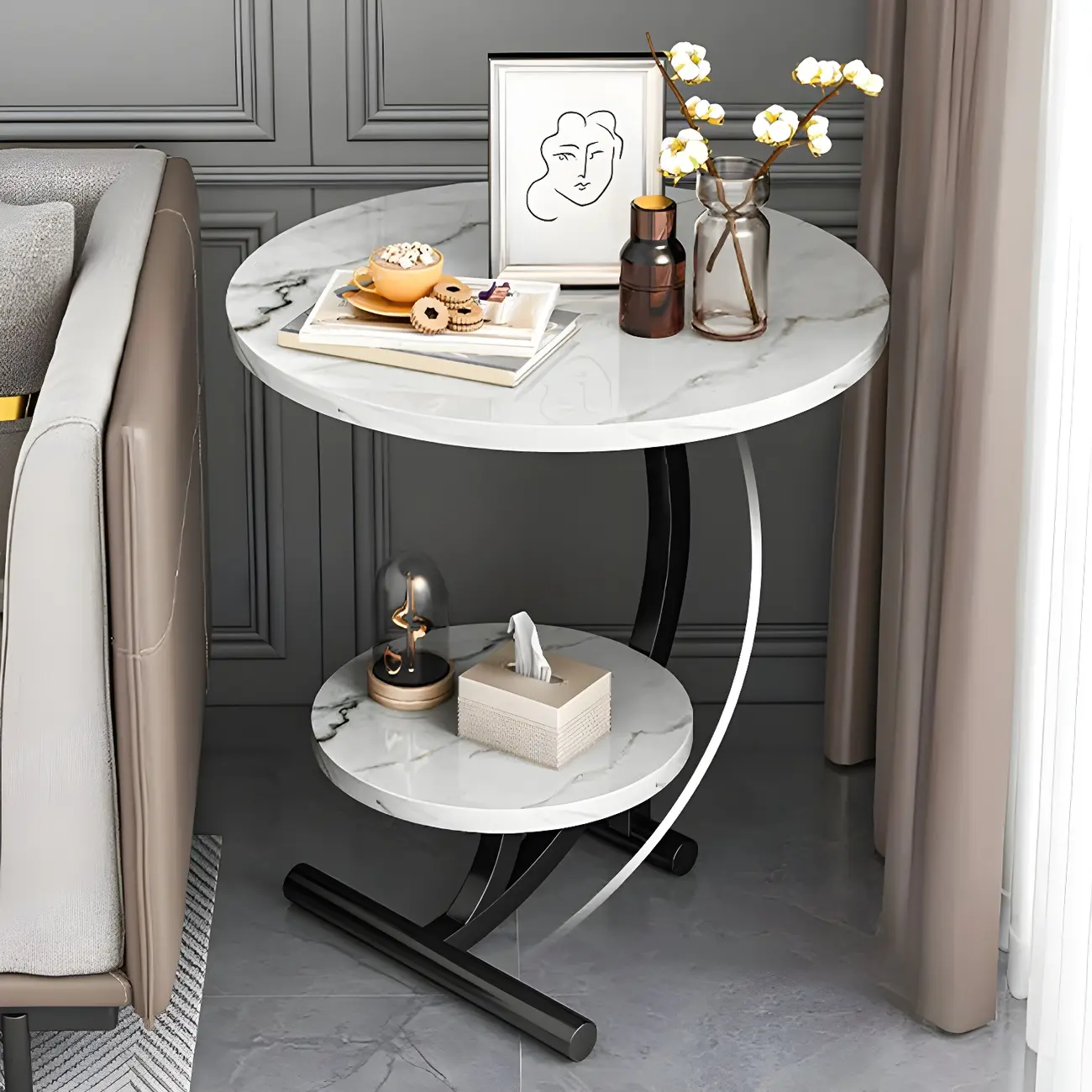 Modern Metal Frame Round Double-layer Nightstands Image - 1 | homeyfad