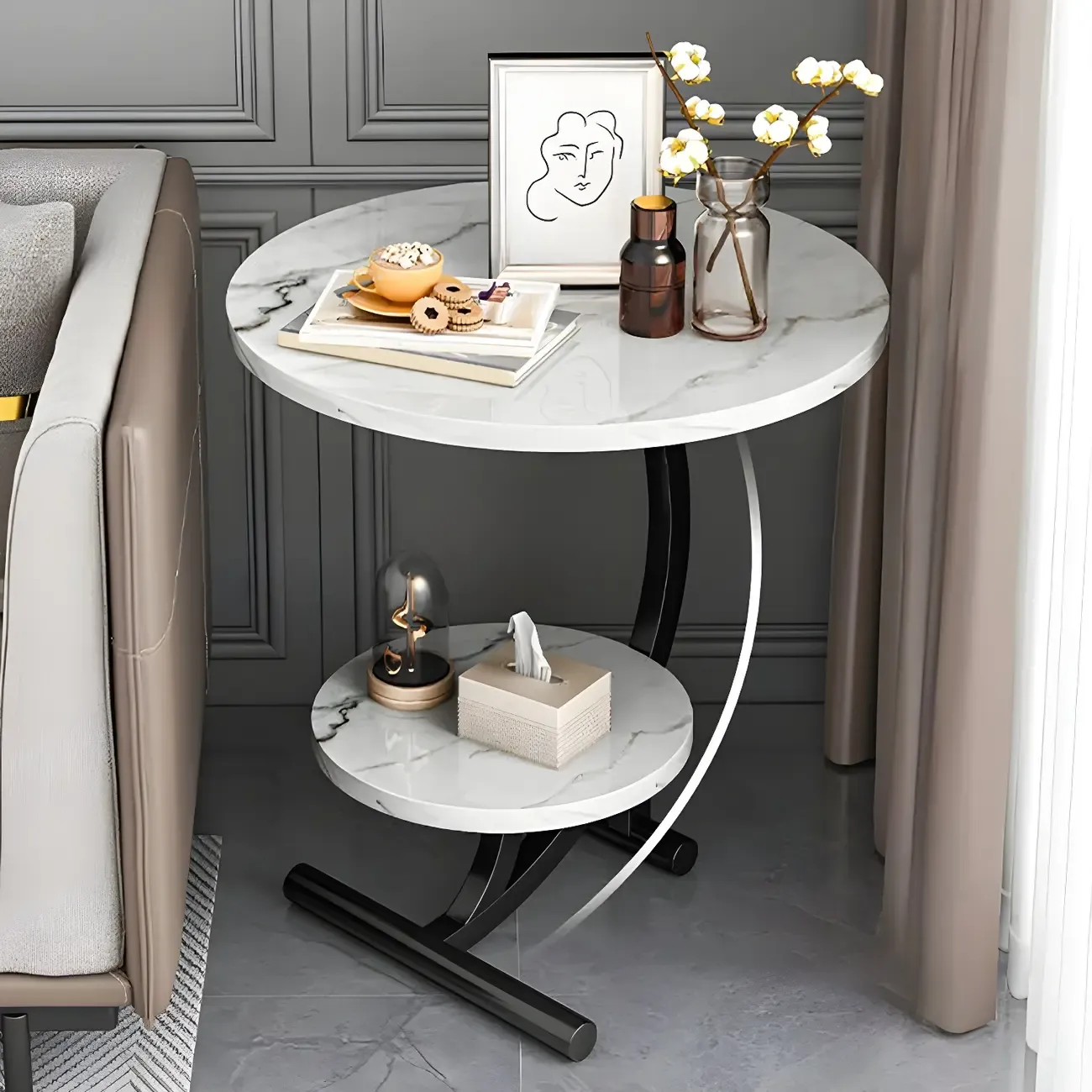 Modern Metal Frame Round Double-layer Nightstands Image - 1